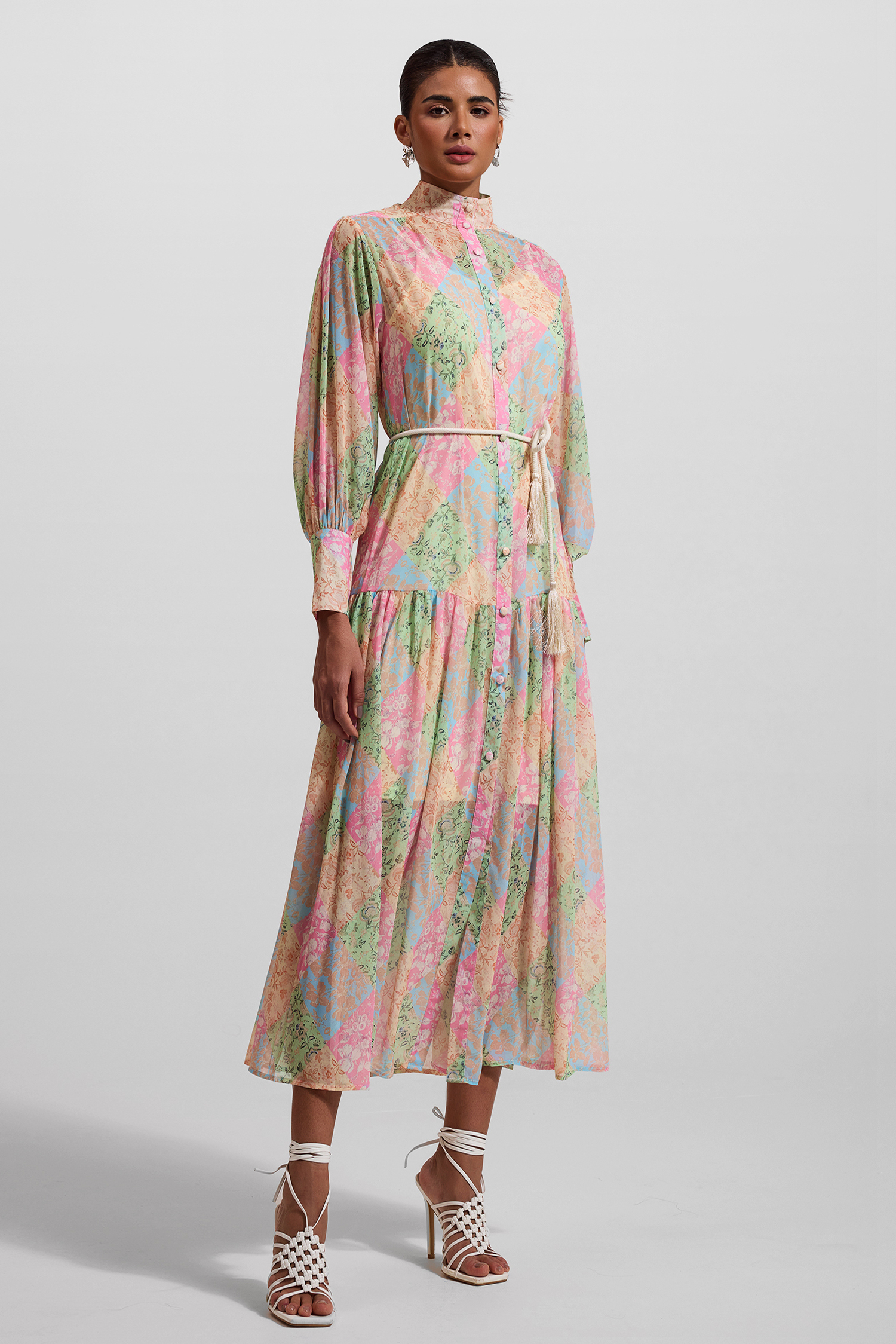 Floral Lantern Sleeve Stand Collar Midi Dress
