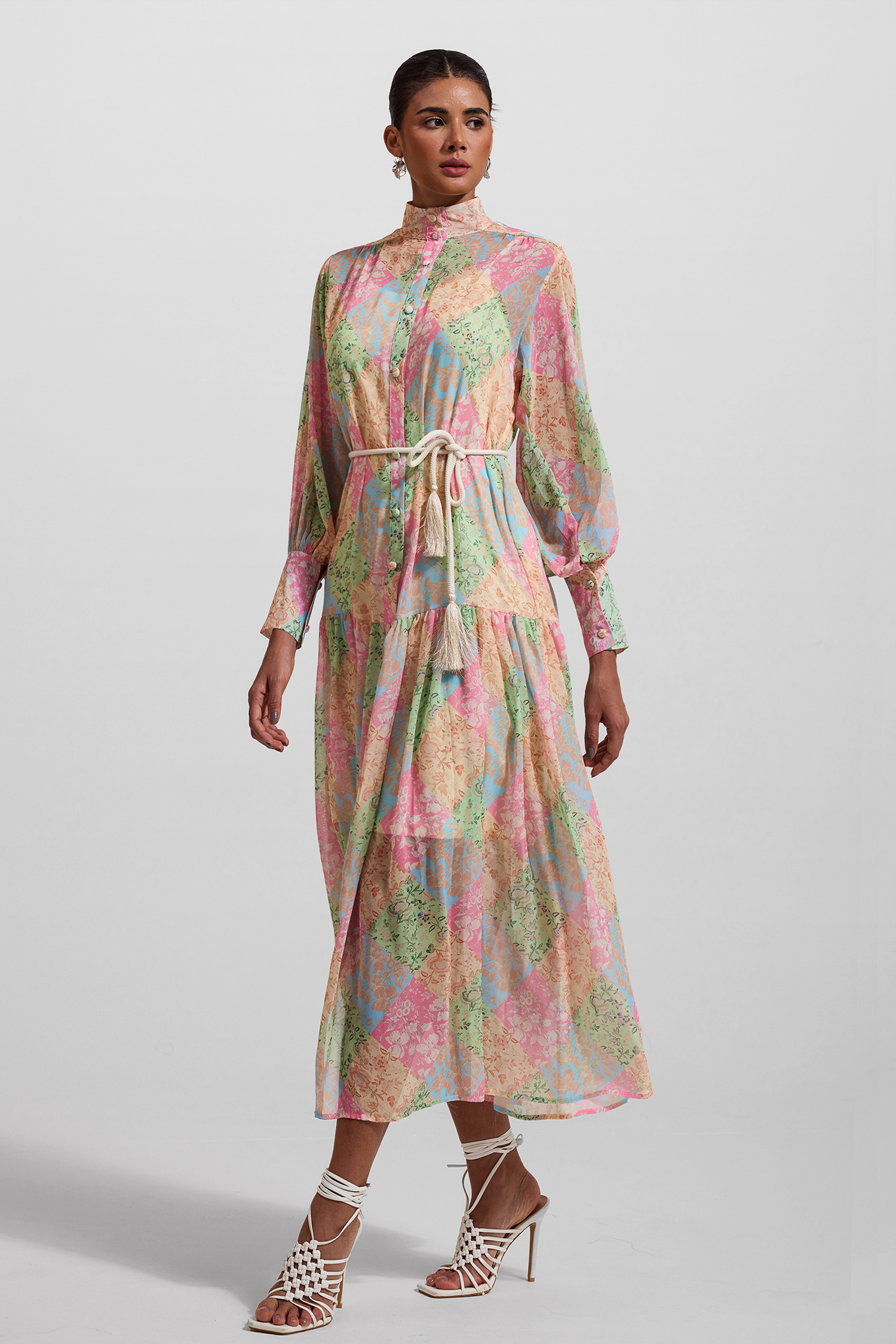 Floral Lantern Sleeve Stand Collar Midi Dress