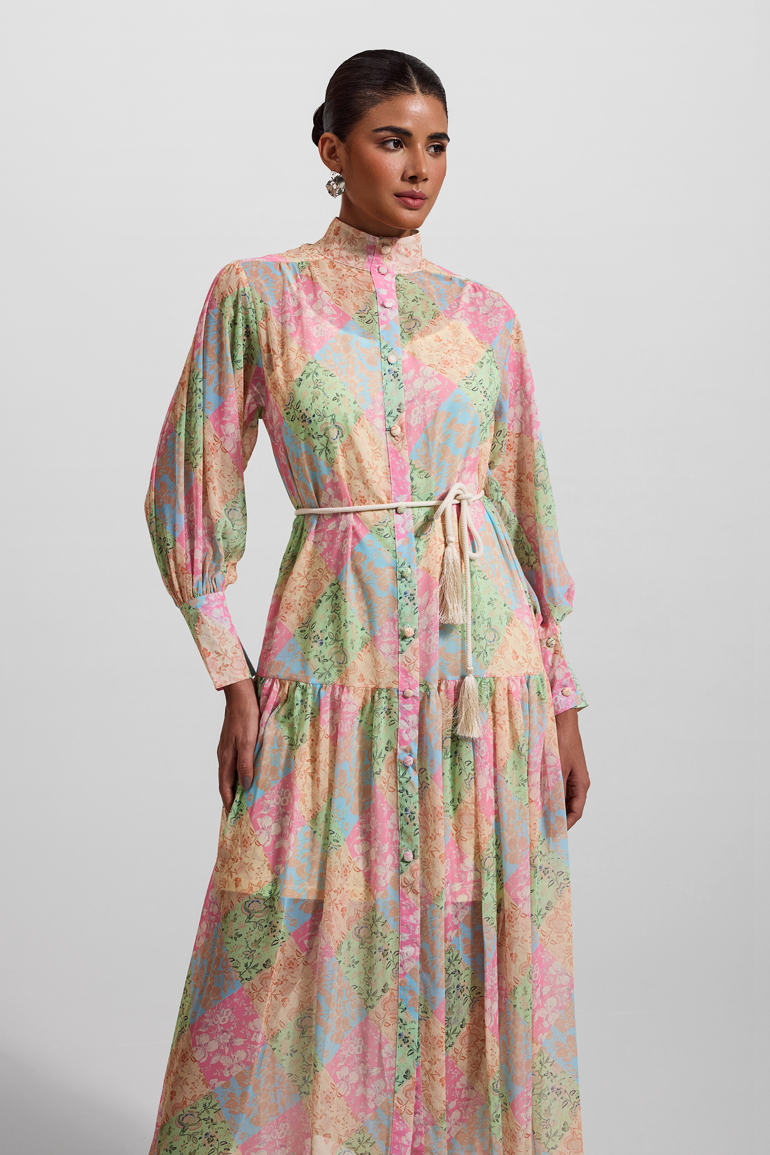 Floral Lantern Sleeve Stand Collar Midi Dress