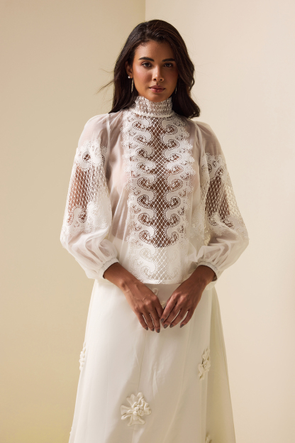 Lace Long Sleeve High Neckline Top