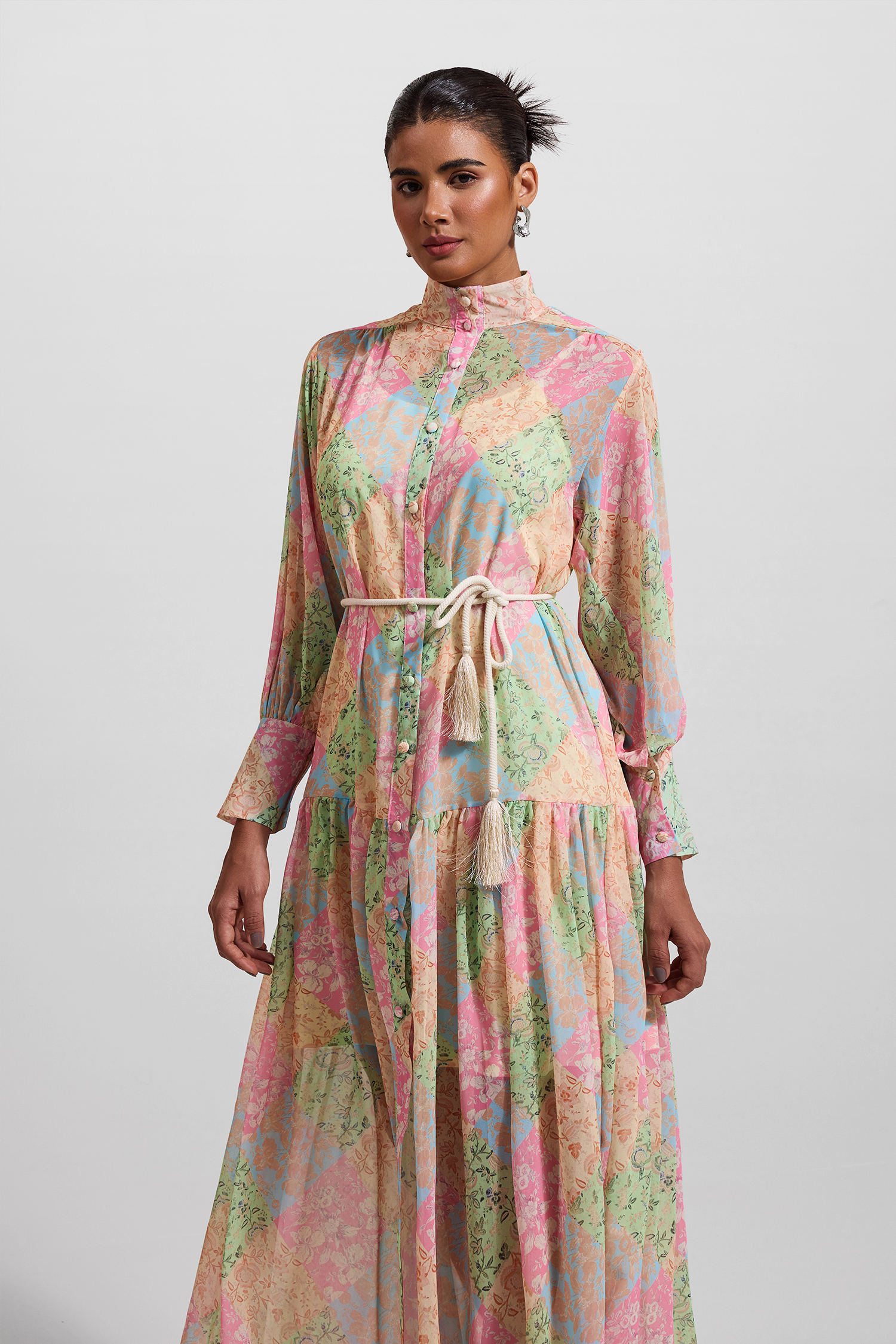 Floral Lantern Sleeve Stand Collar Midi Dress