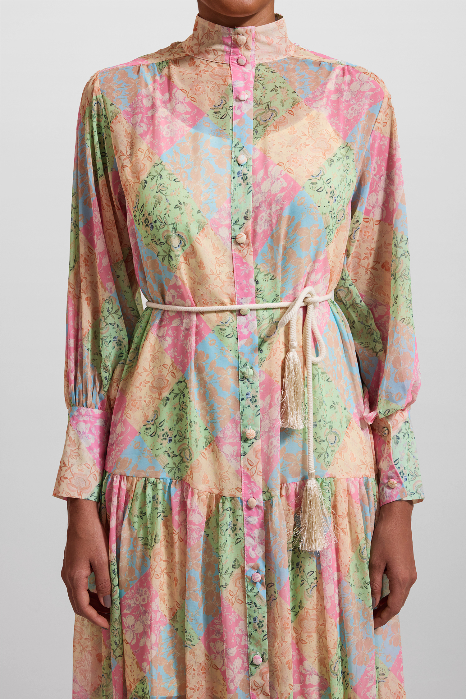 Floral Lantern Sleeve Stand Collar Midi Dress