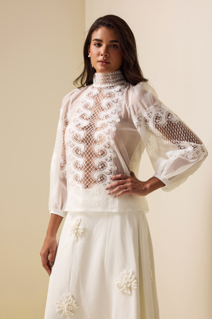 Lace Long Sleeve High Neckline Top