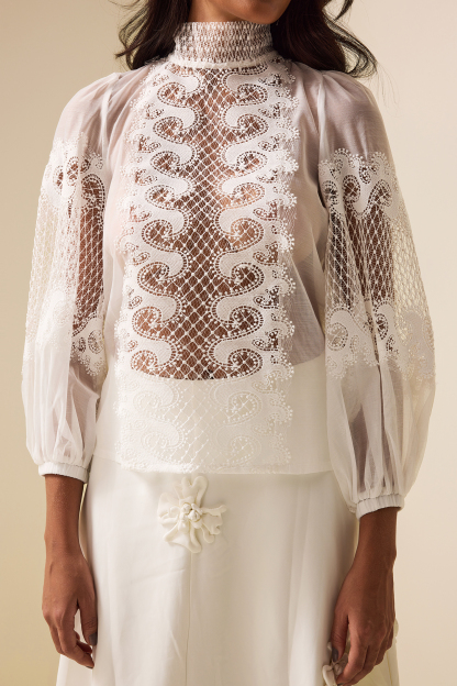 Lace Long Sleeve High Neckline Top