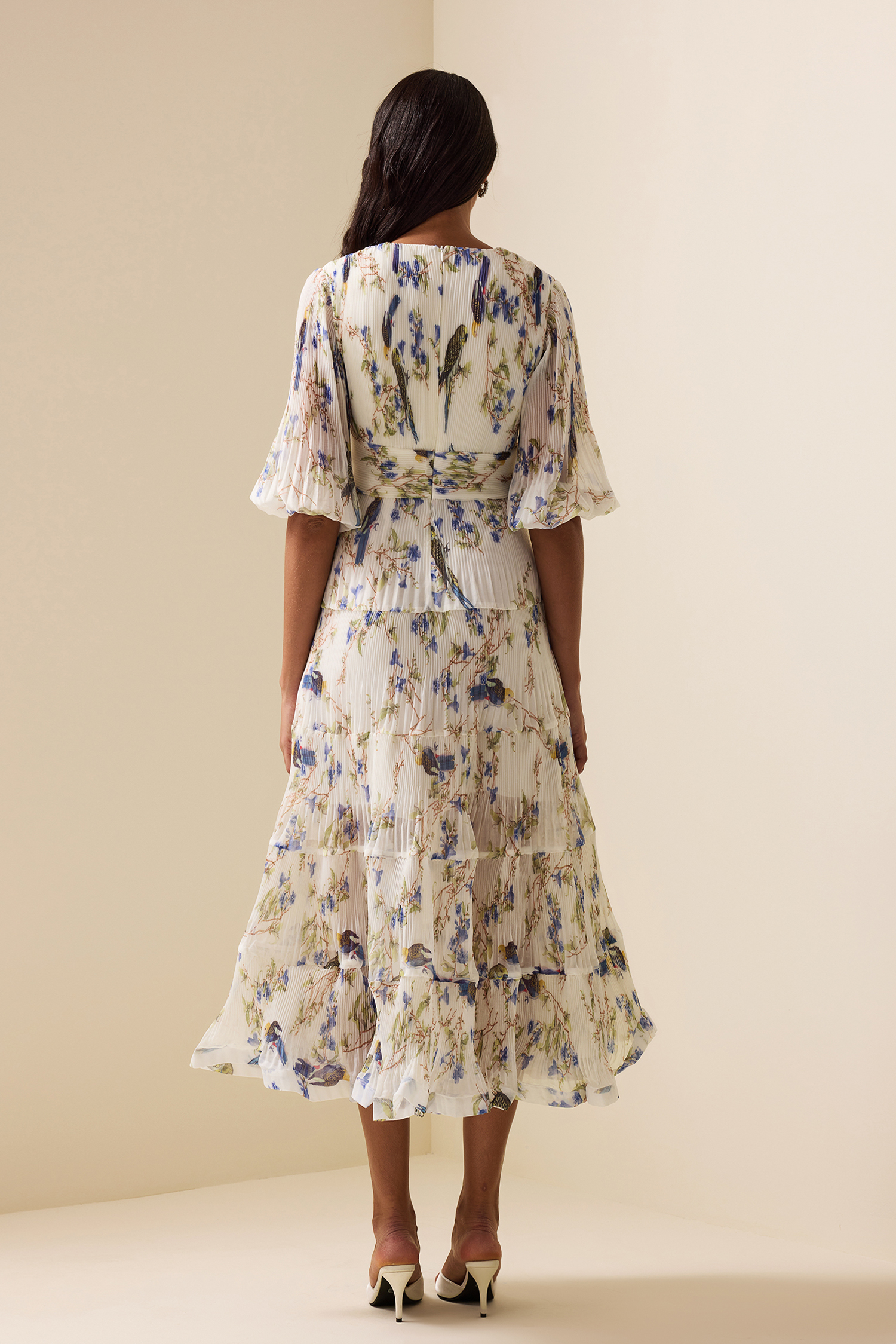 Belted Pleated Printed Chiffon Midi Dress