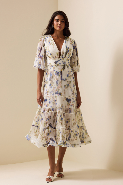 Belted Pleated Printed Chiffon Midi Dress