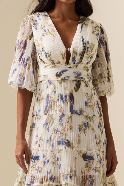 Belted Pleated Printed Chiffon Midi Dress