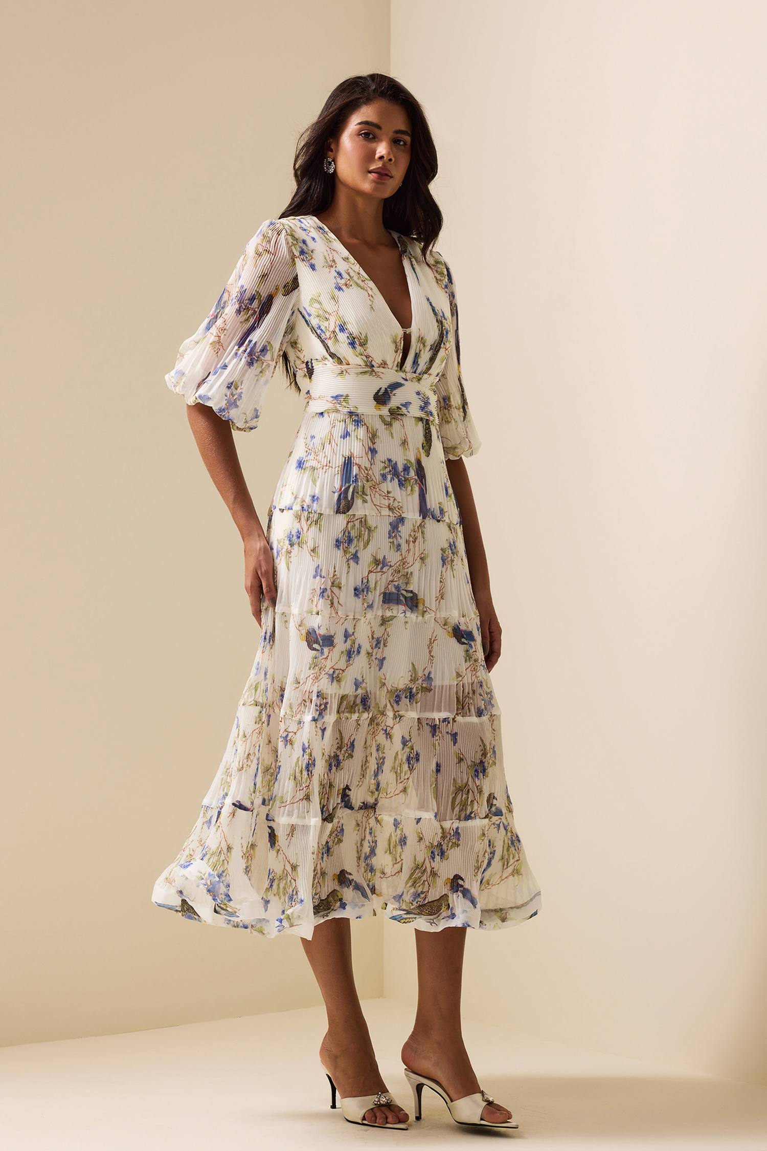 Belted Pleated Printed Chiffon Midi Dress