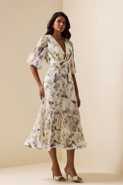 Belted Pleated Printed Chiffon Midi Dress