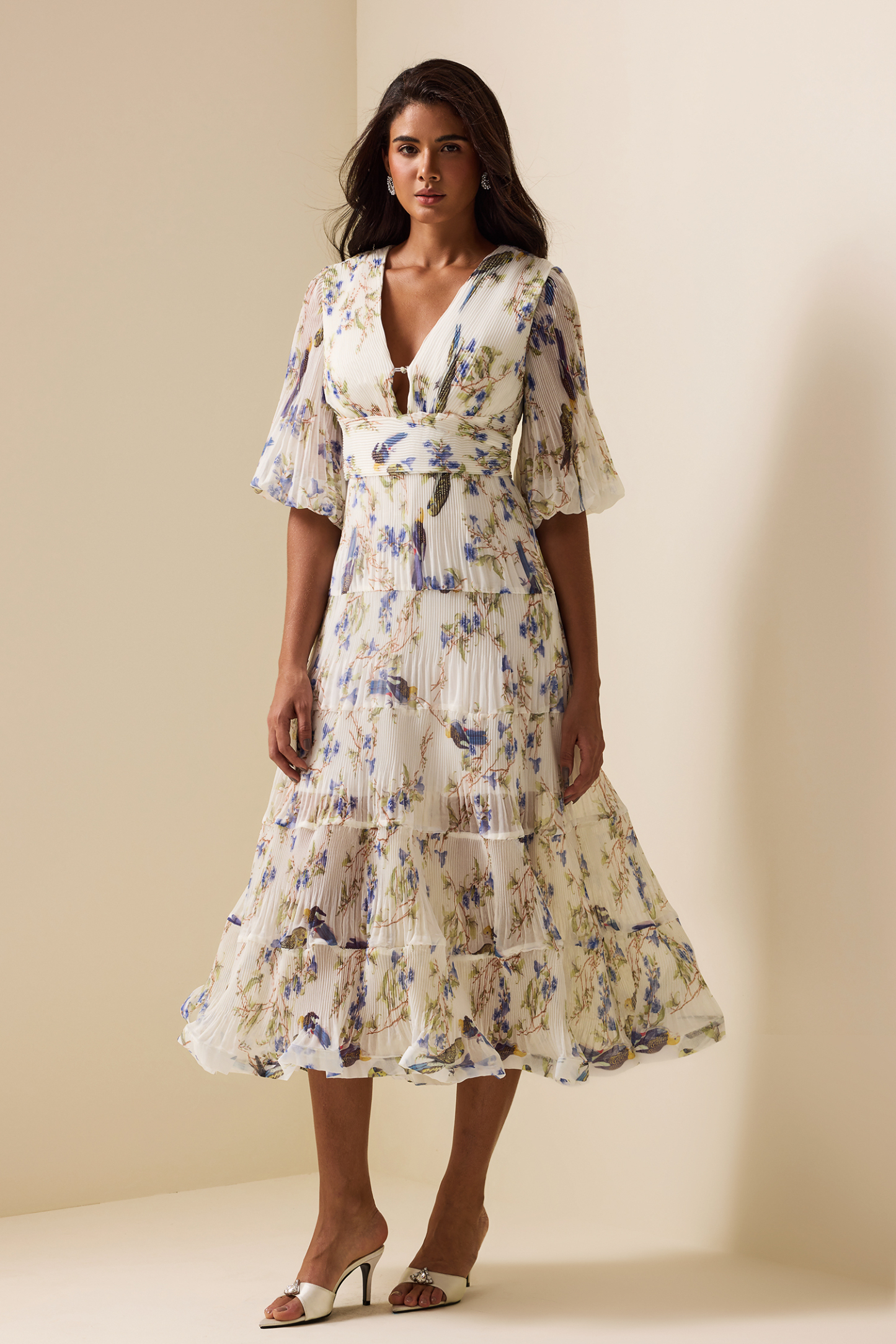 Belted Pleated Printed Chiffon Midi Dress