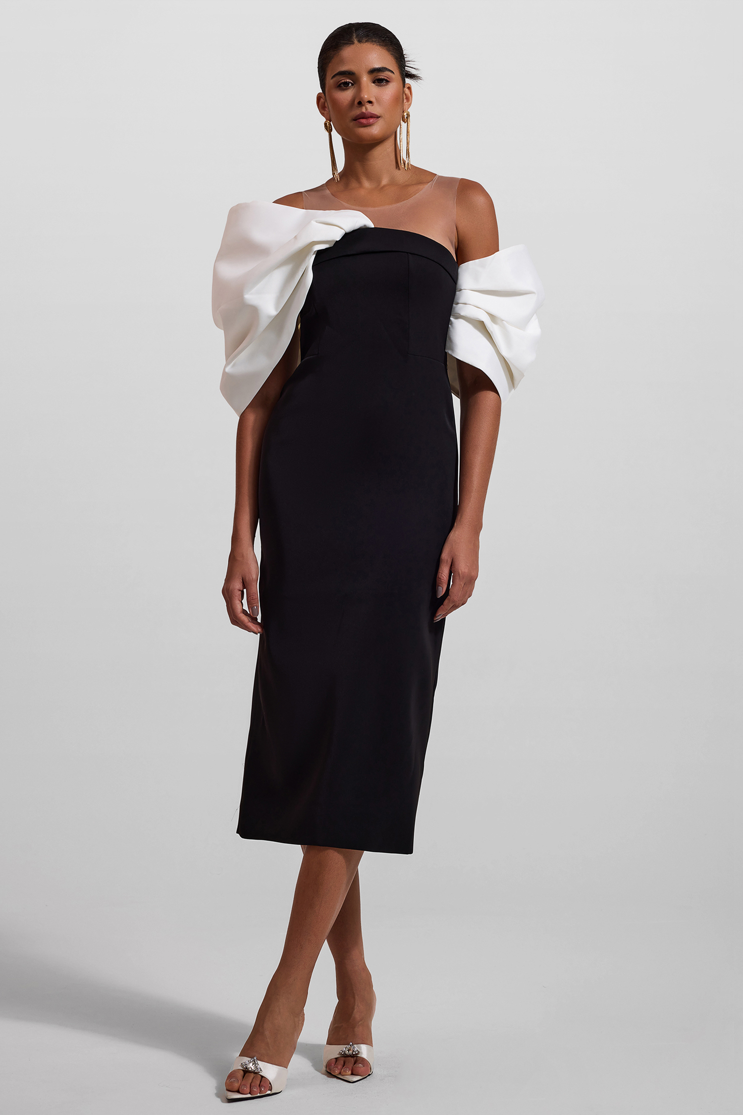 Bow Off-Shoulder Asymmetrical Midi Dress