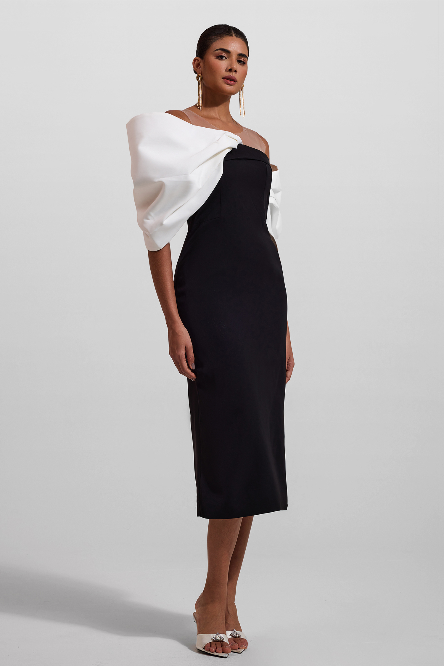 Bow Off-Shoulder Asymmetrical Midi Dress