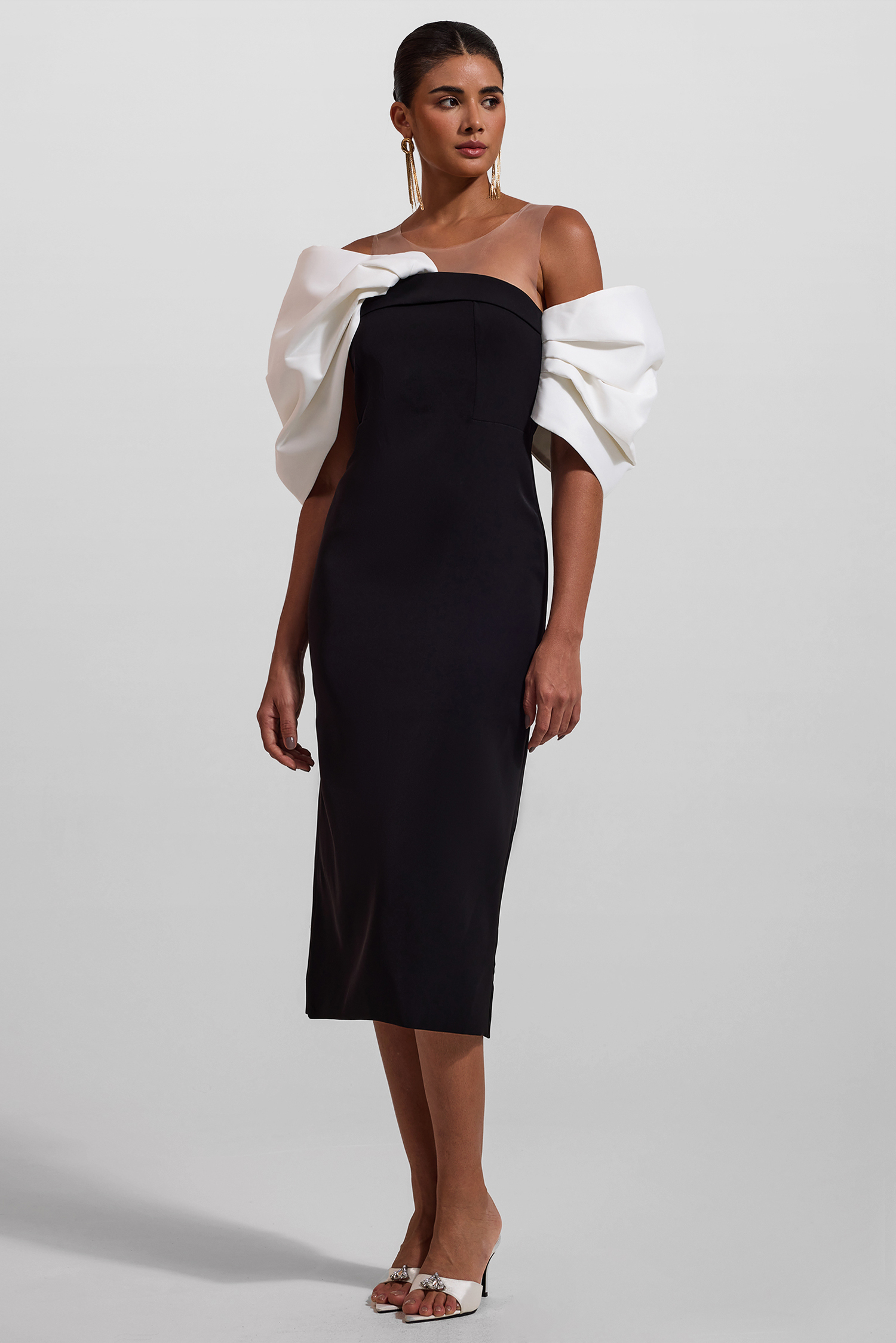 Bow Off-Shoulder Asymmetrical Midi Dress