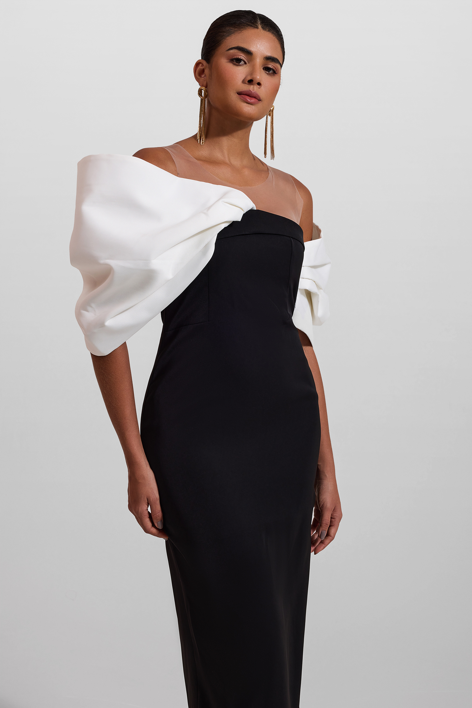 Bow Off-Shoulder Asymmetrical Midi Dress
