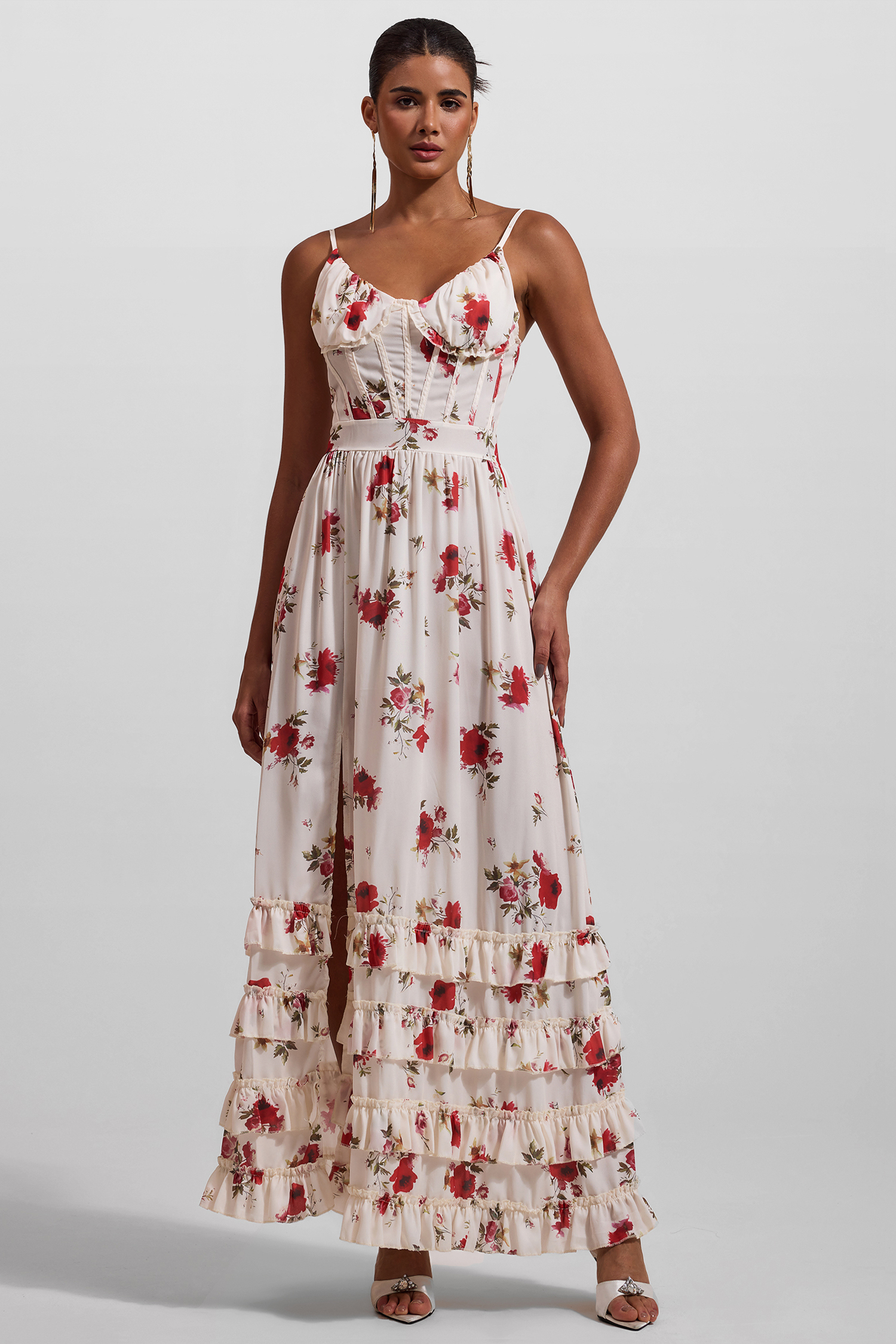 Floral Sweetheart Neck Split Midi Dress