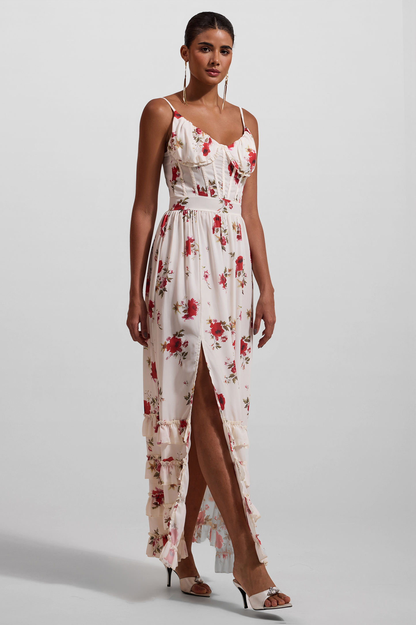 Floral Sweetheart Neck Split Midi Dress