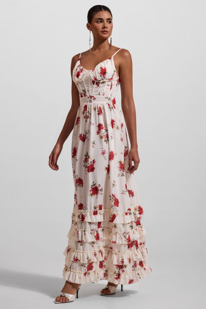 Floral Sweetheart Neck Split Midi Dress