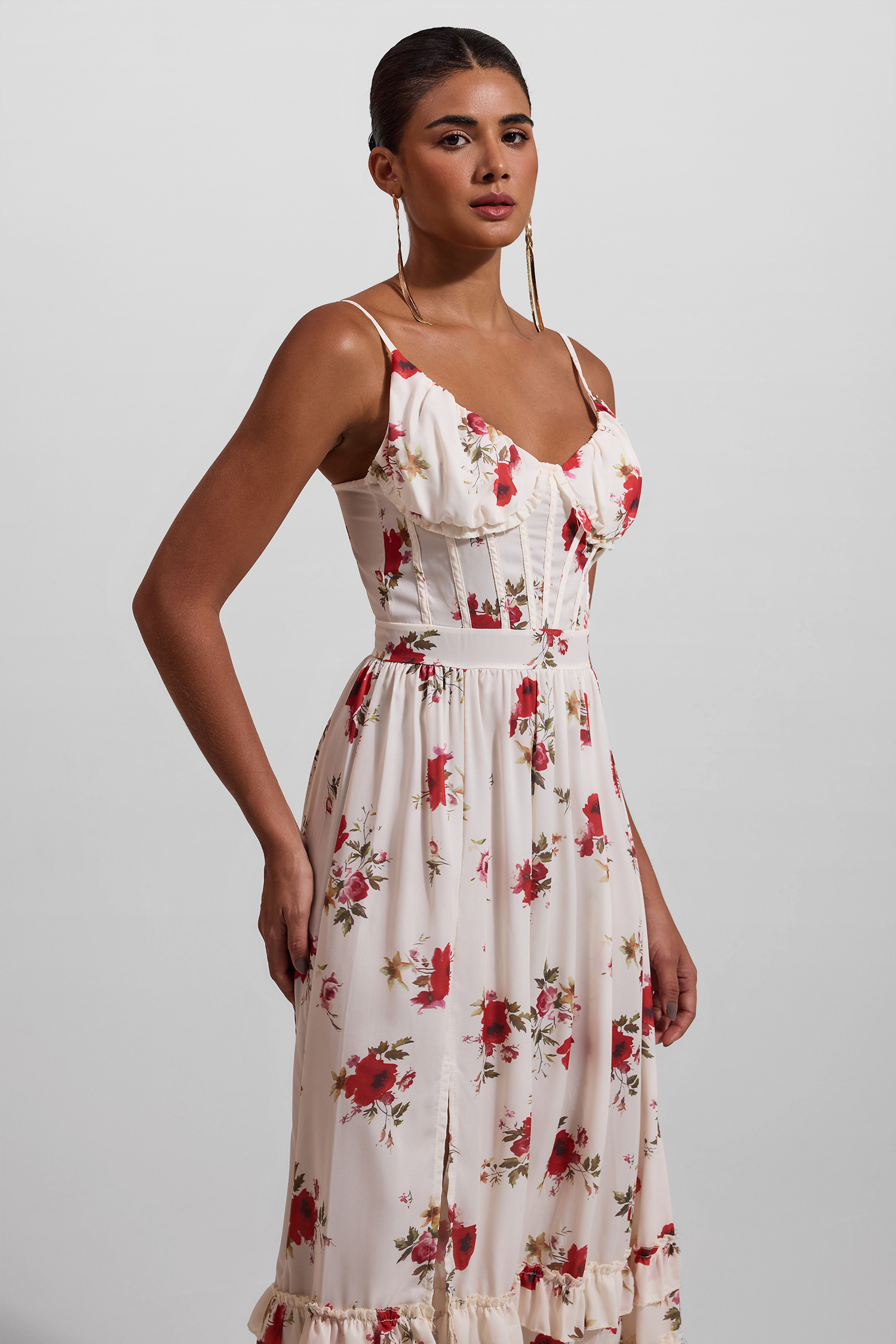 Floral Sweetheart Neck Split Midi Dress