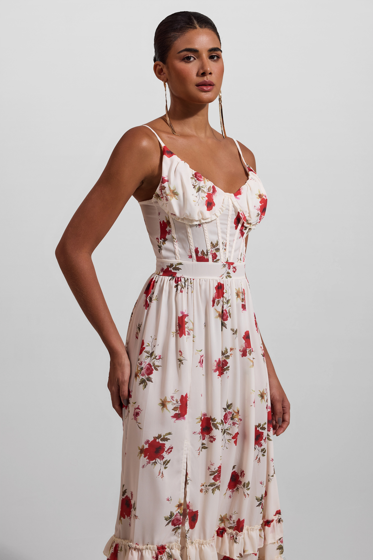 Floral Sweetheart Neck Split Midi Dress