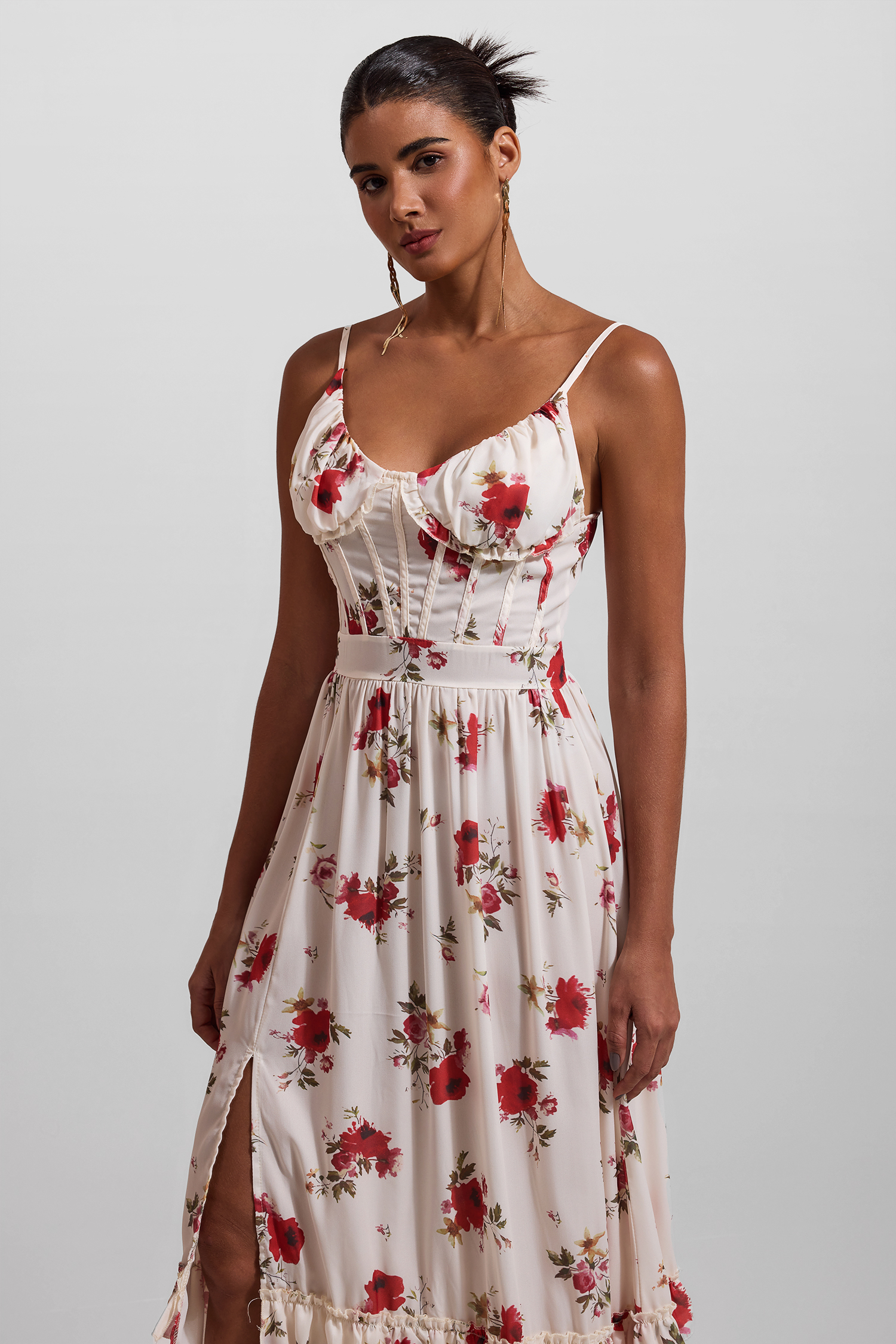 Floral Sweetheart Neck Split Midi Dress