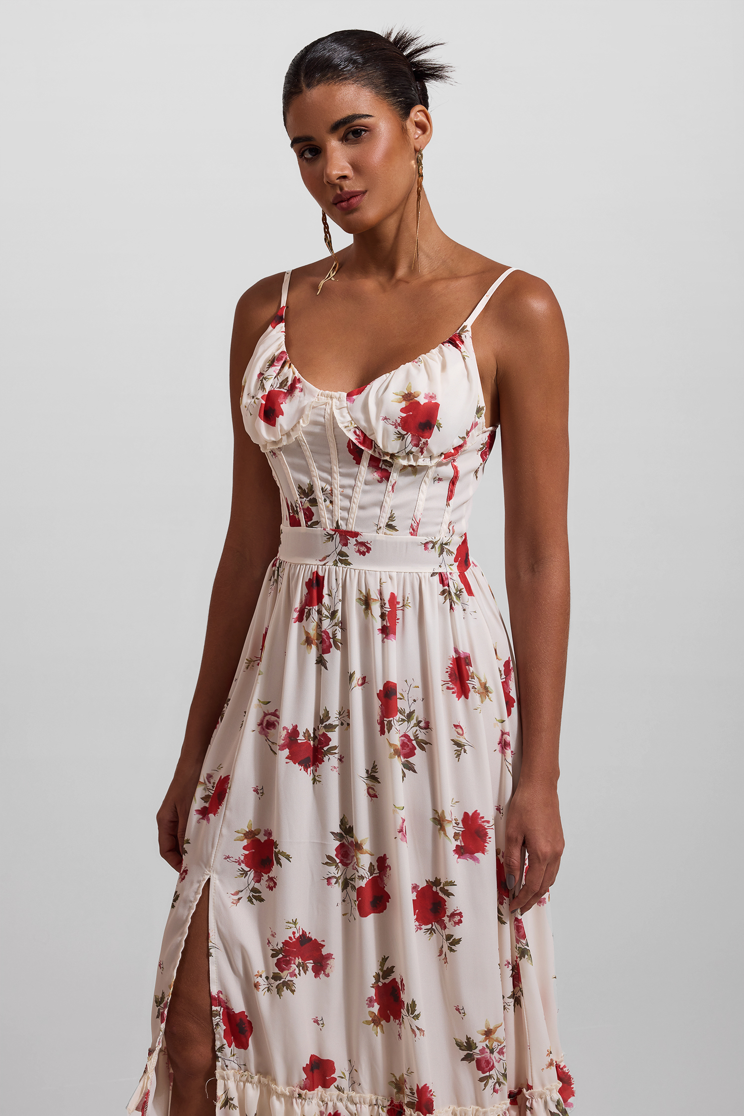 Floral Sweetheart Neck Split Midi Dress