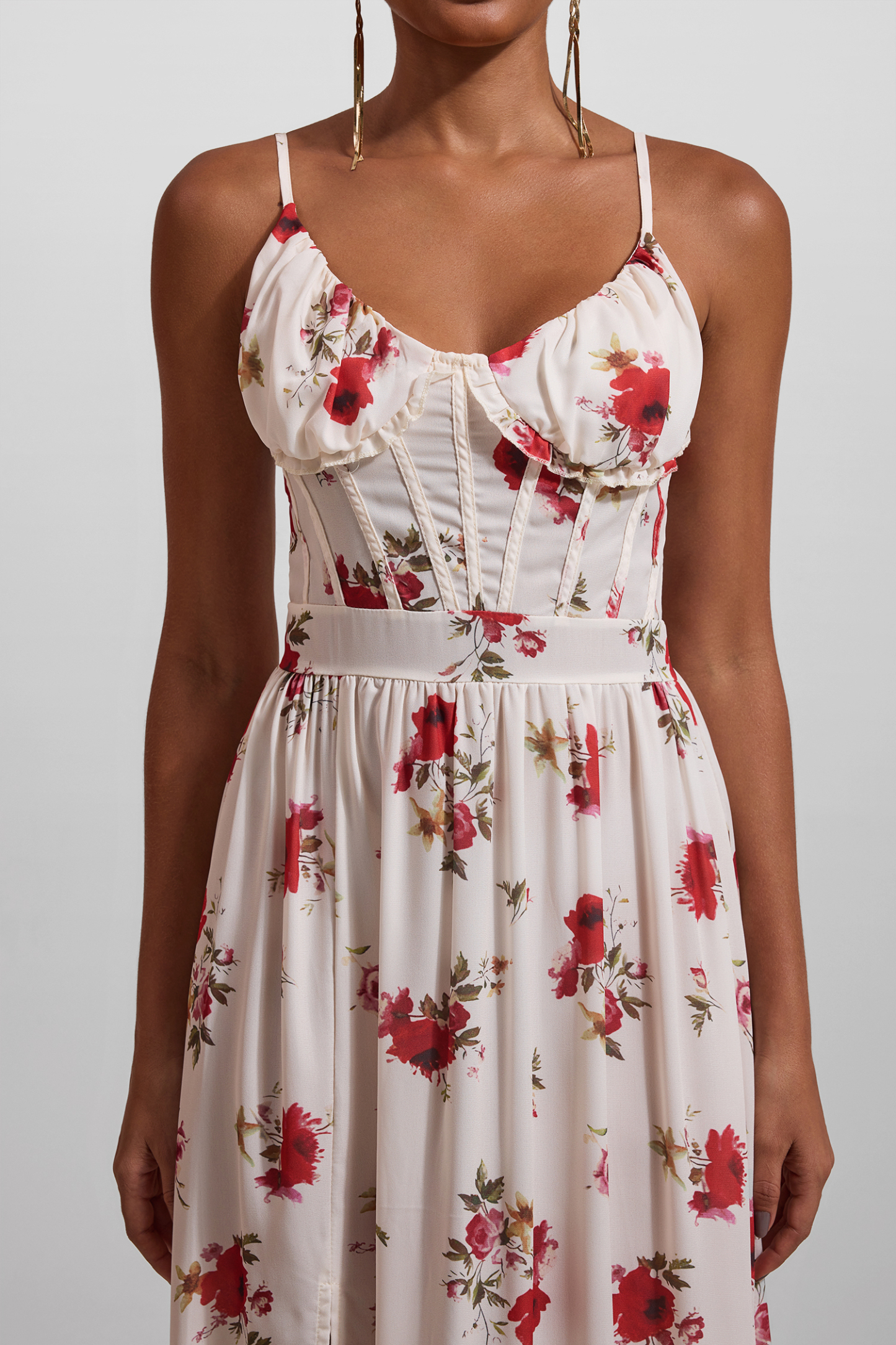 Floral Sweetheart Neck Split Midi Dress