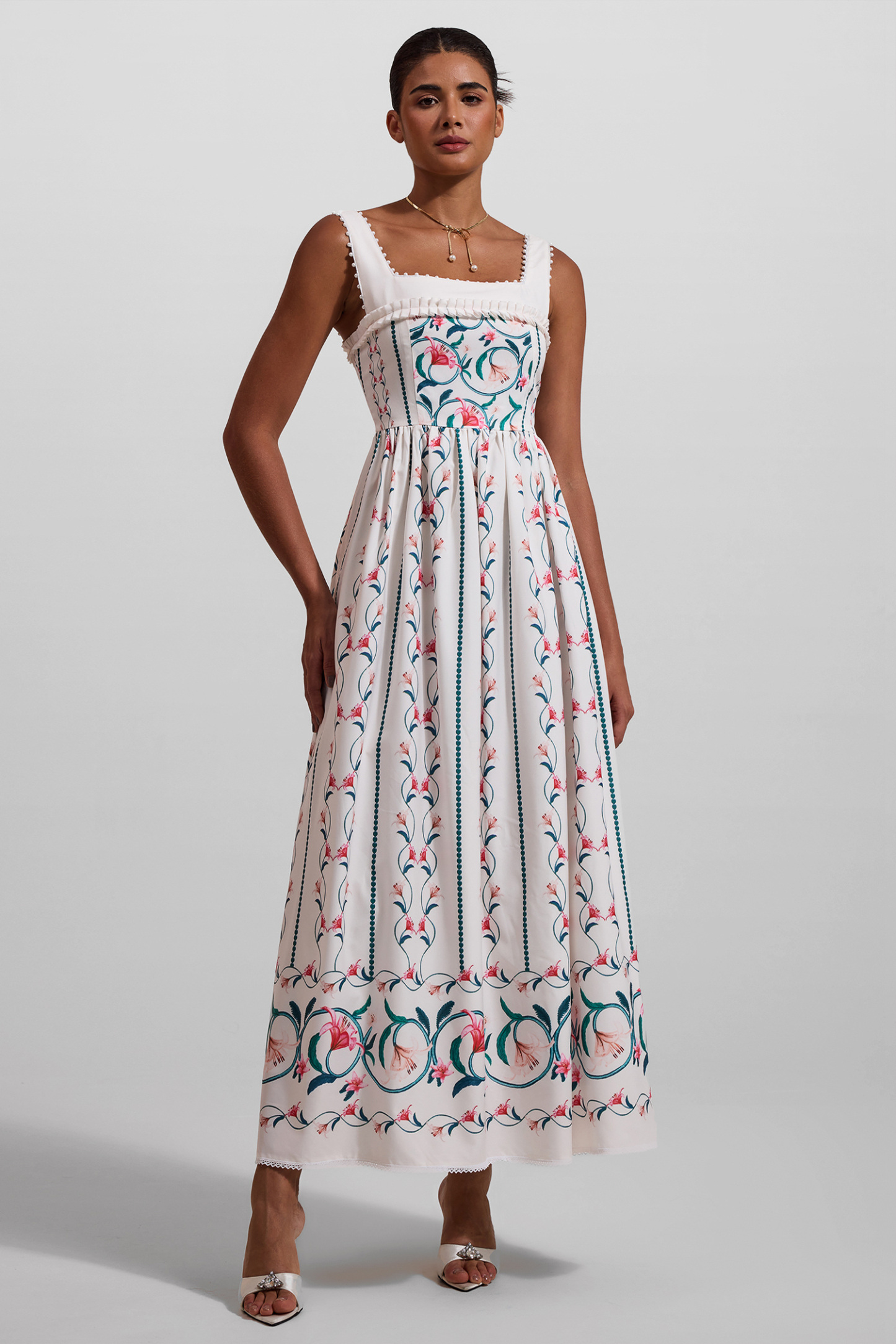Floral Square Collar Sleeveless Midi Dress