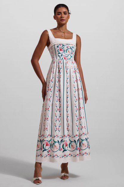 Floral Square Collar Sleeveless Midi Dress
