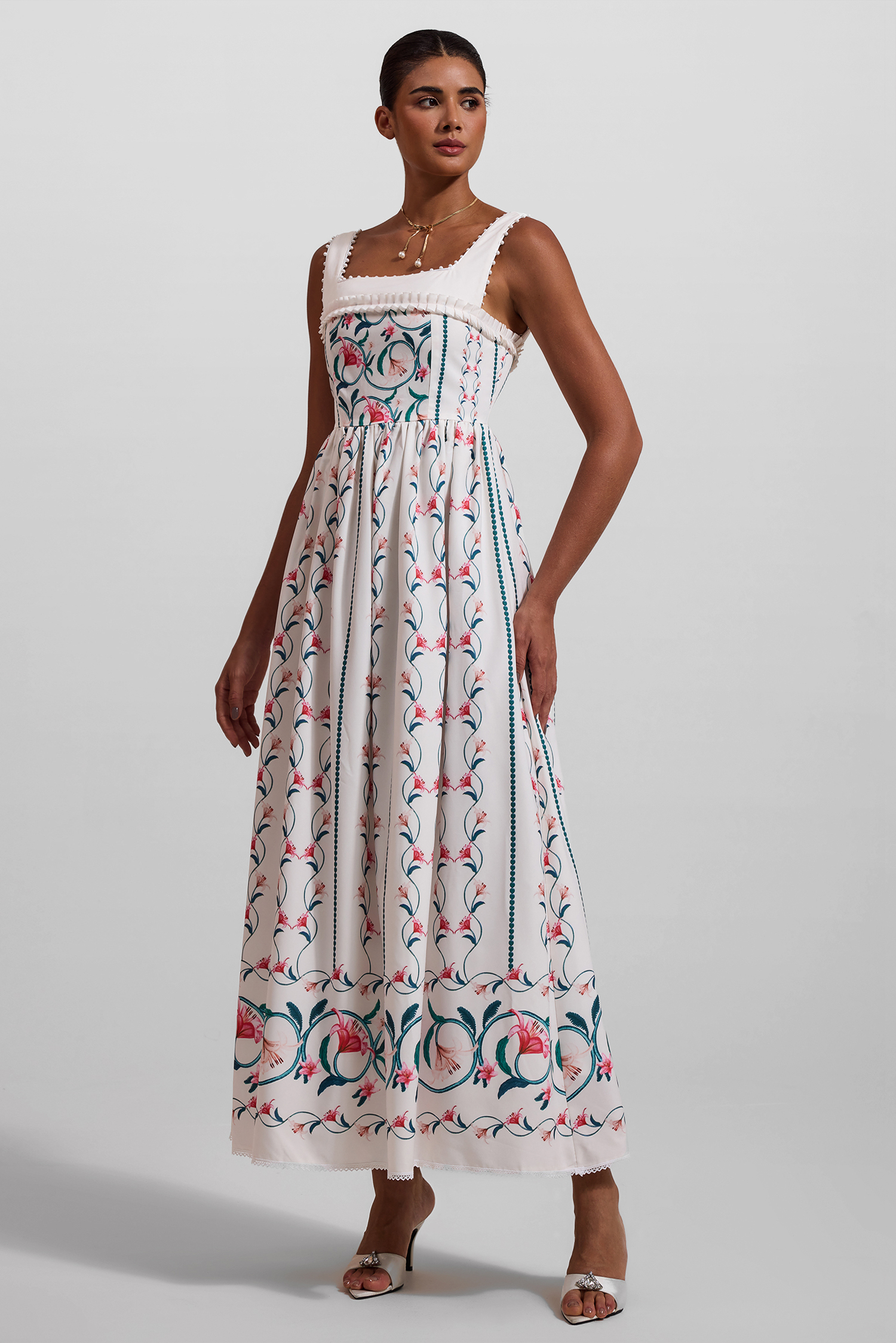 Floral Square Collar Sleeveless Midi Dress