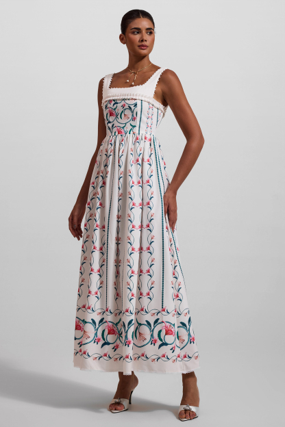 Floral Square Collar Sleeveless Midi Dress