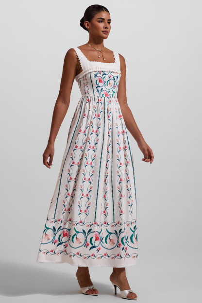 Floral Square Collar Sleeveless Midi Dress