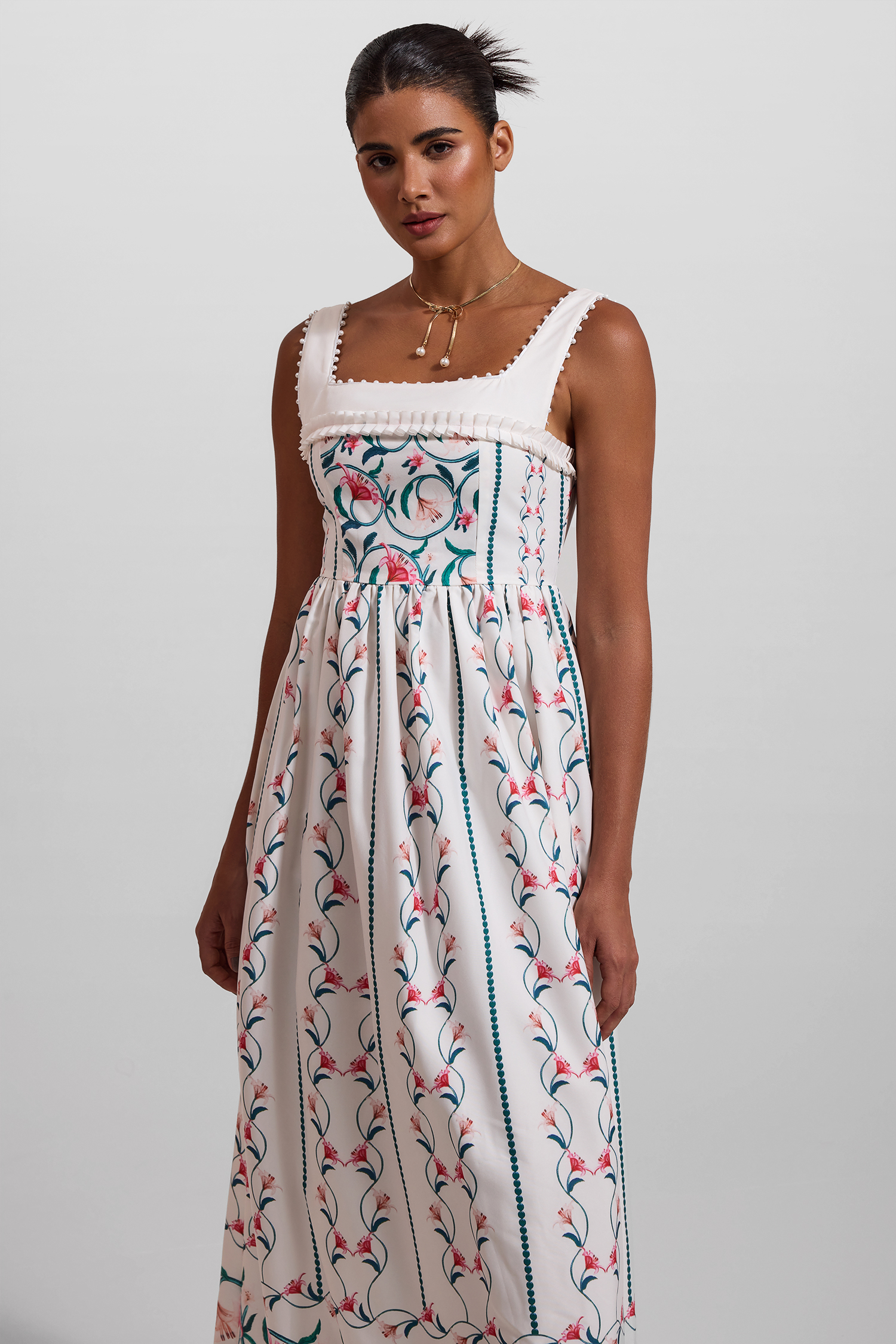 Floral Square Collar Sleeveless Midi Dress
