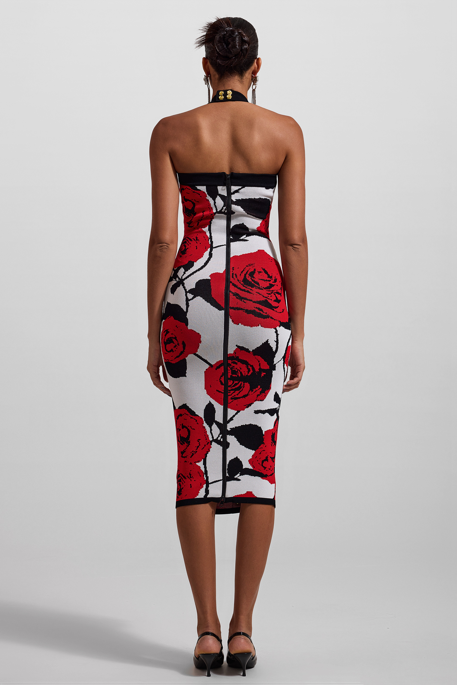 Knit Floral Metal Button Halter Neck Midi Dress