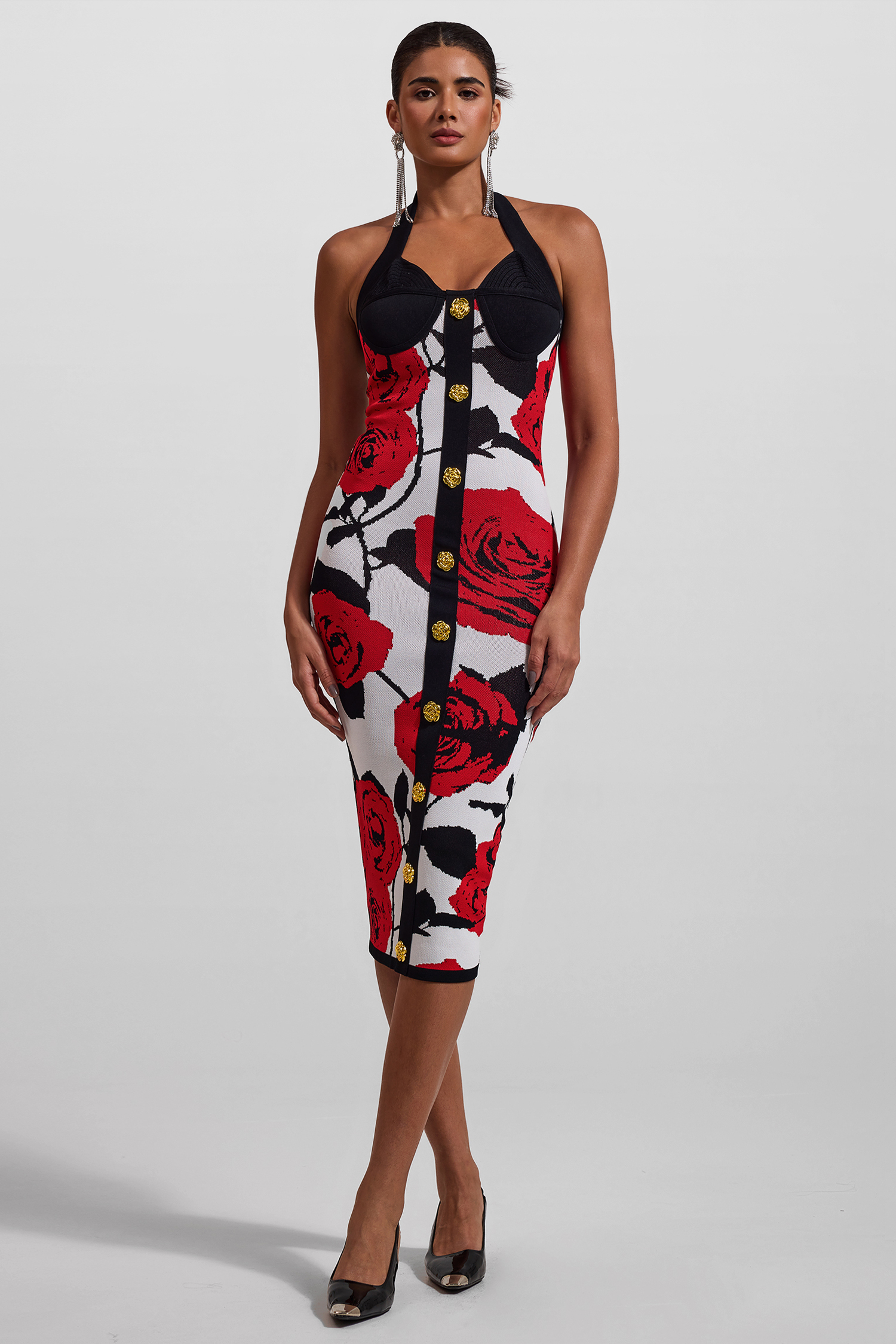 Knit Floral Metal Button Halter Neck Midi Dress