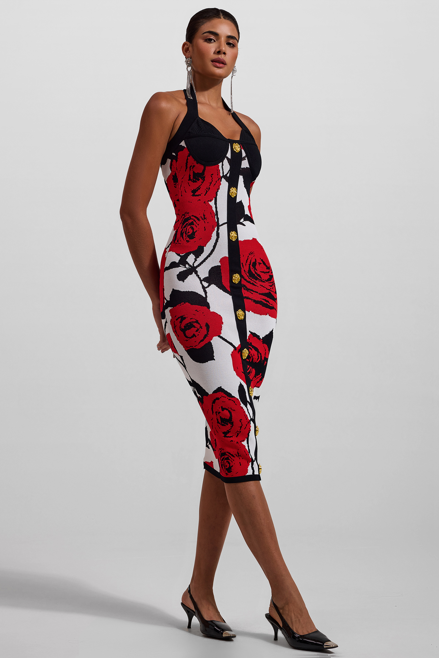 Knit Floral Metal Button Halter Neck Midi Dress