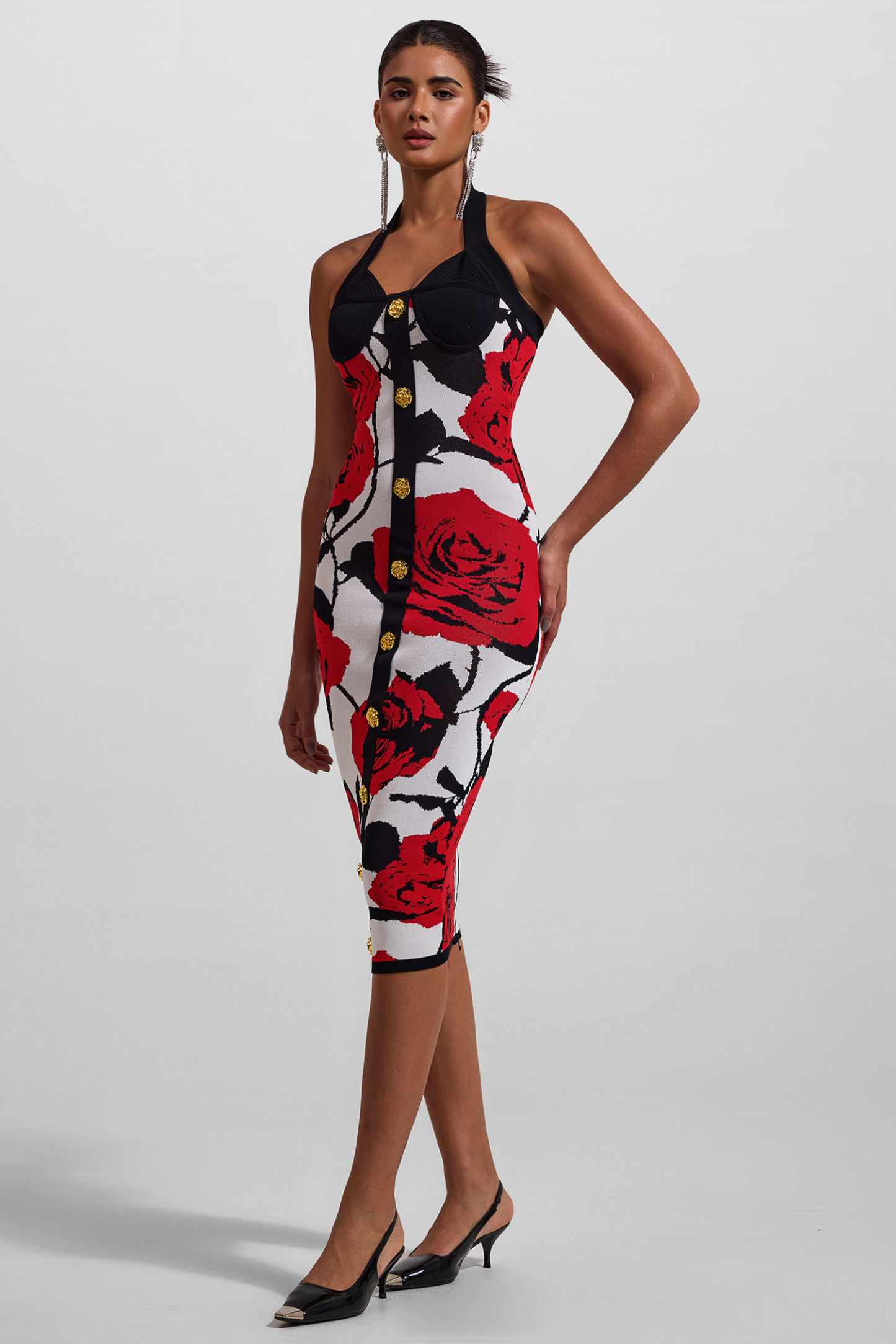 Knit Floral Metal Button Halter Neck Midi Dress