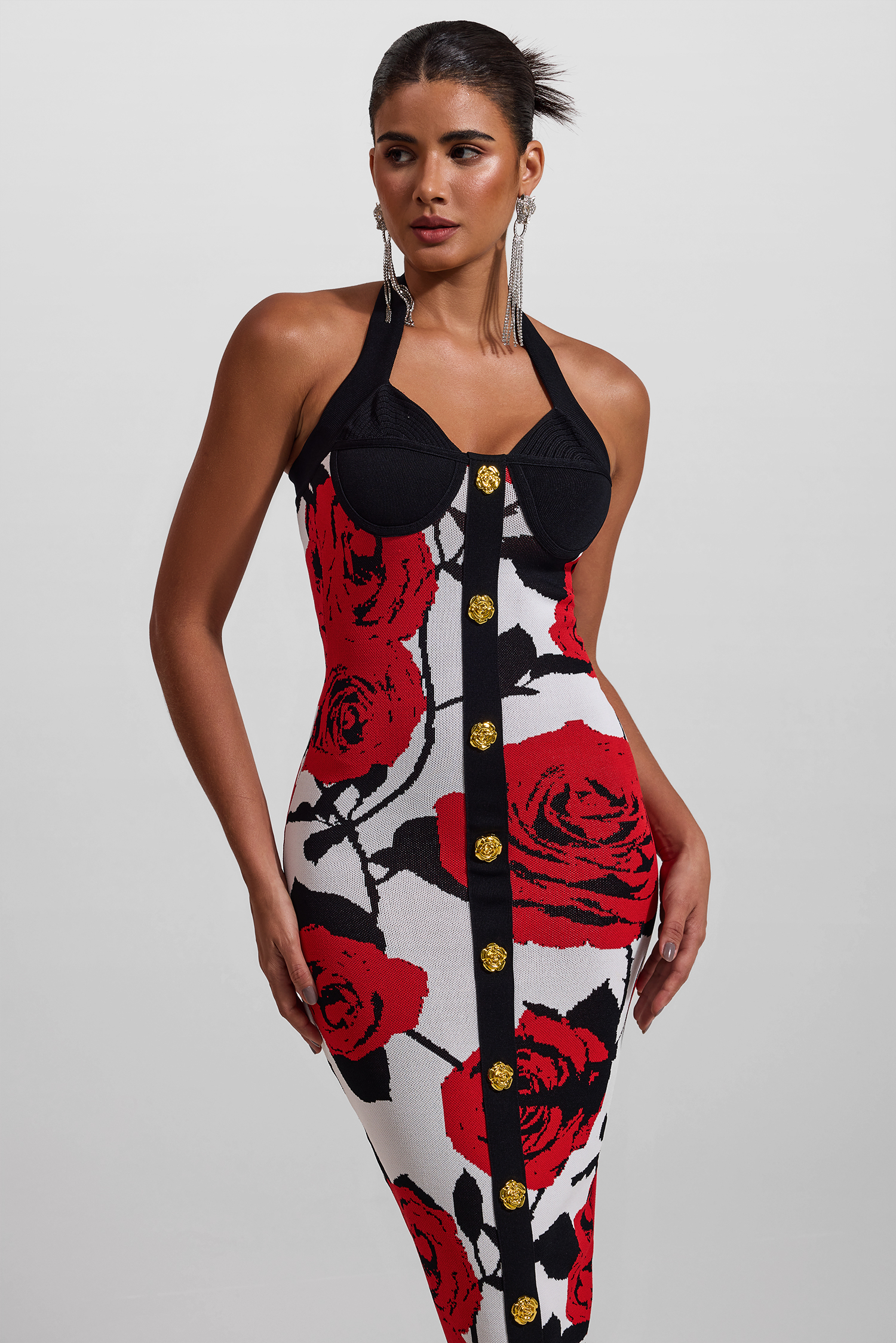 Knit Floral Metal Button Halter Neck Midi Dress