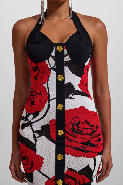 Knit Floral Metal Button Halter Neck Midi Dress