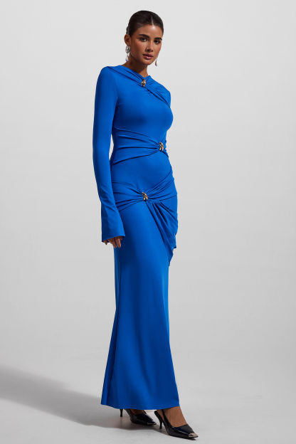 Knit Ruched Long Sleeve Maxi Dress Blue