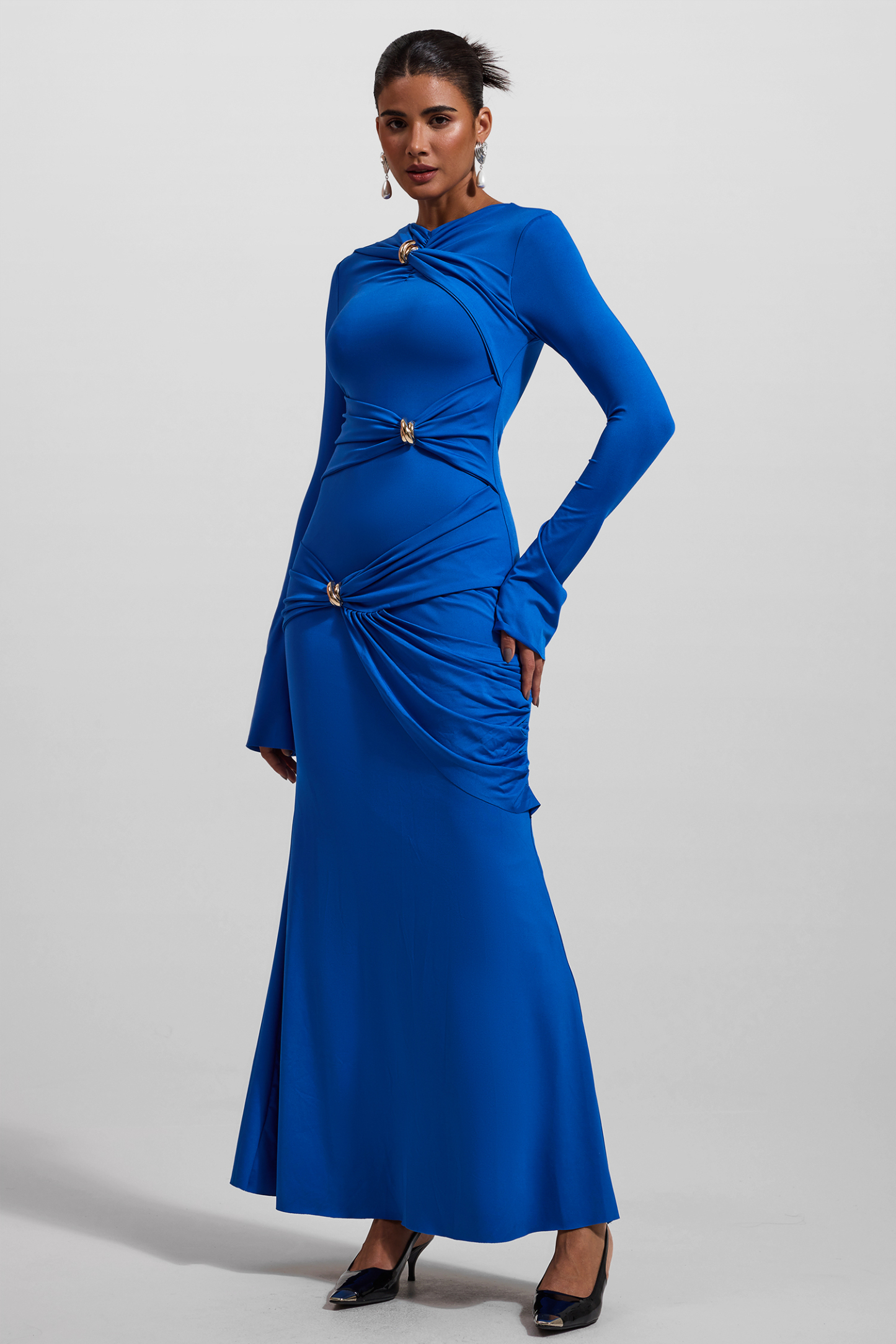 Knit Ruched Long Sleeve Maxi Dress Blue