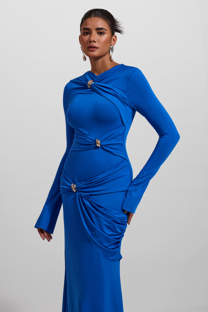 Knit Ruched Long Sleeve Maxi Dress Blue