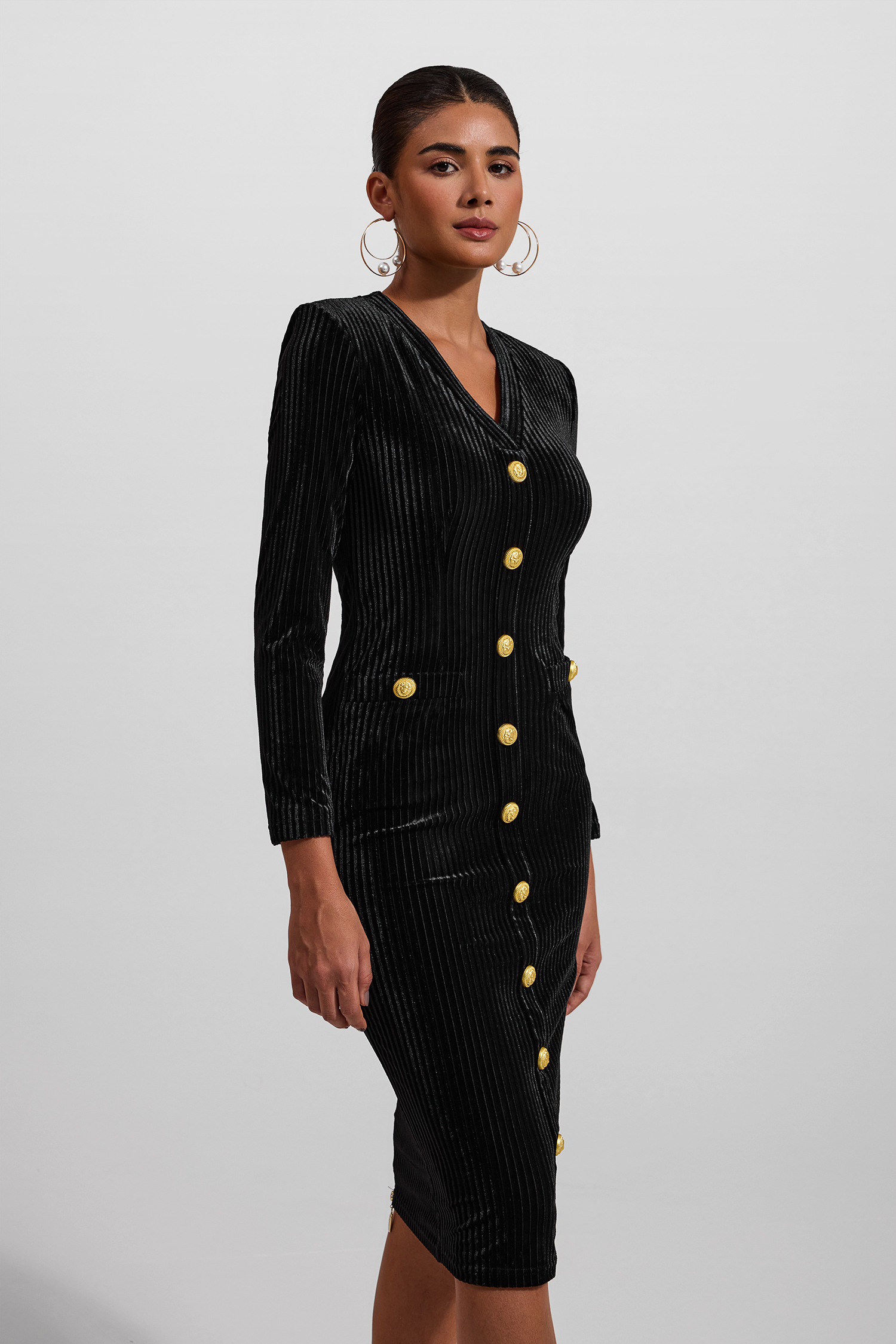 Velvet V-Neck Metal Button Midi Dress