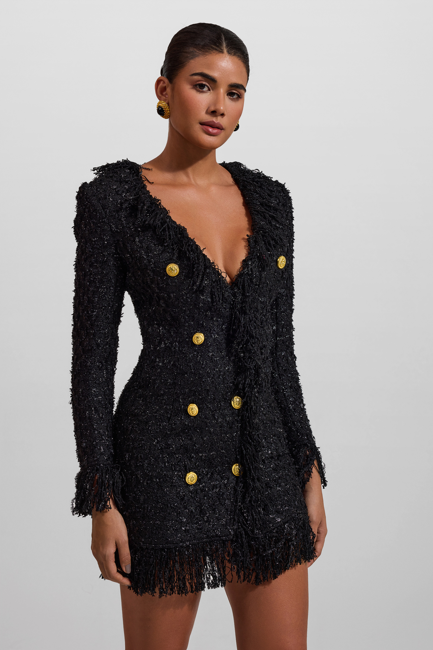 Tassel Hem Metal Button V-Neck Mini Dress