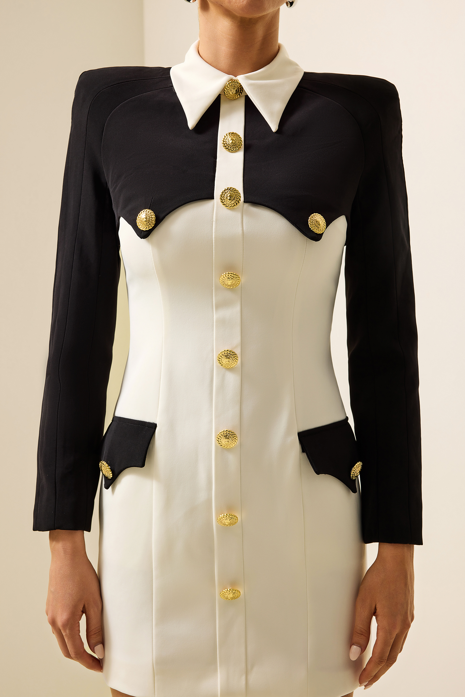 Contrast Color Metal Button Long Sleeve Mini Dress