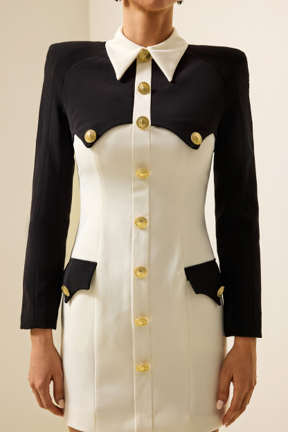 Contrast Color Metal Button Long Sleeve Mini Dress