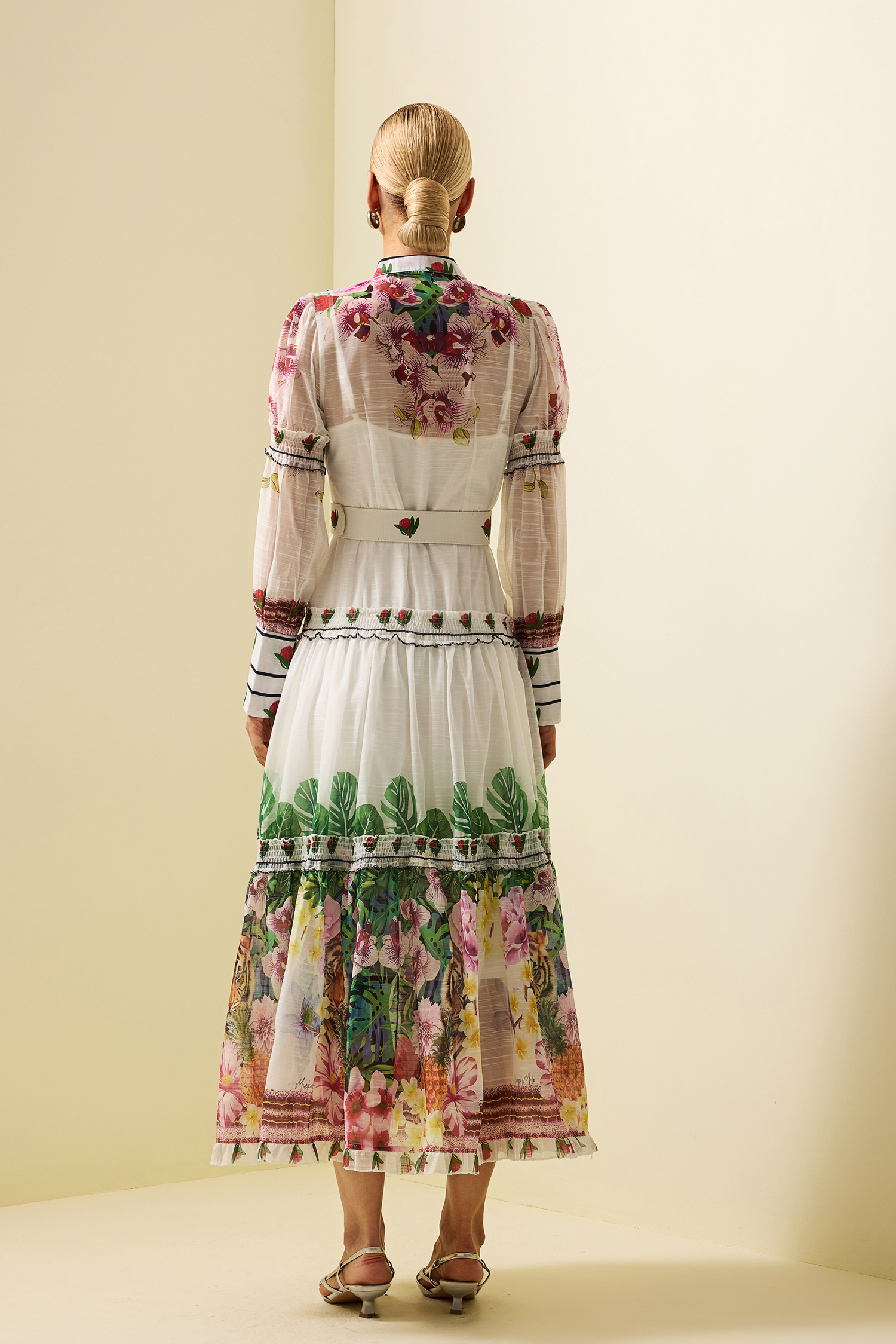 Floral Lantern Sleeve Midi Dress With Belt