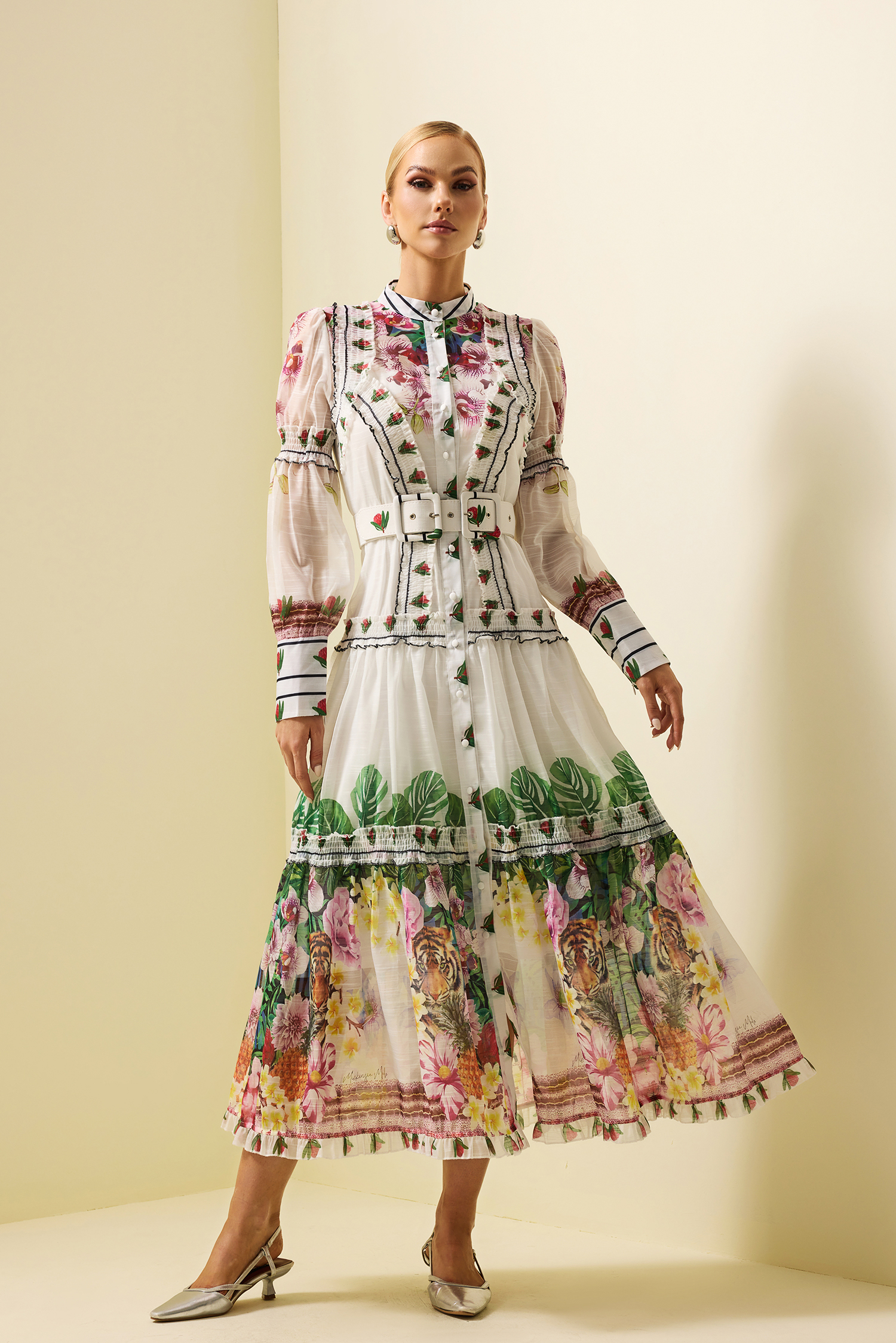 Floral Lantern Sleeve Midi Dress With Belt