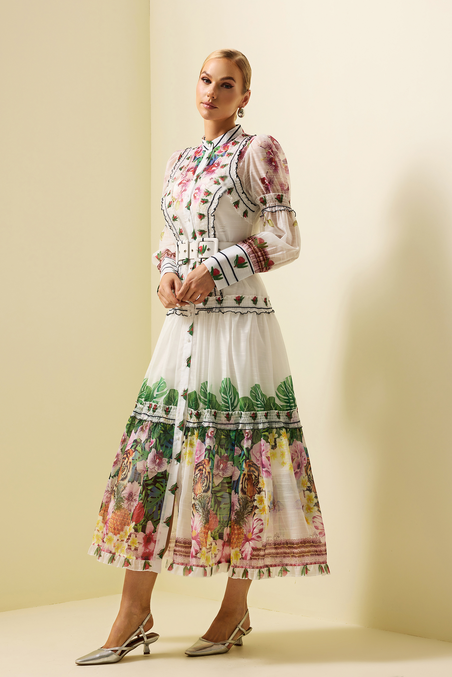 Floral Lantern Sleeve Midi Dress With Belt
