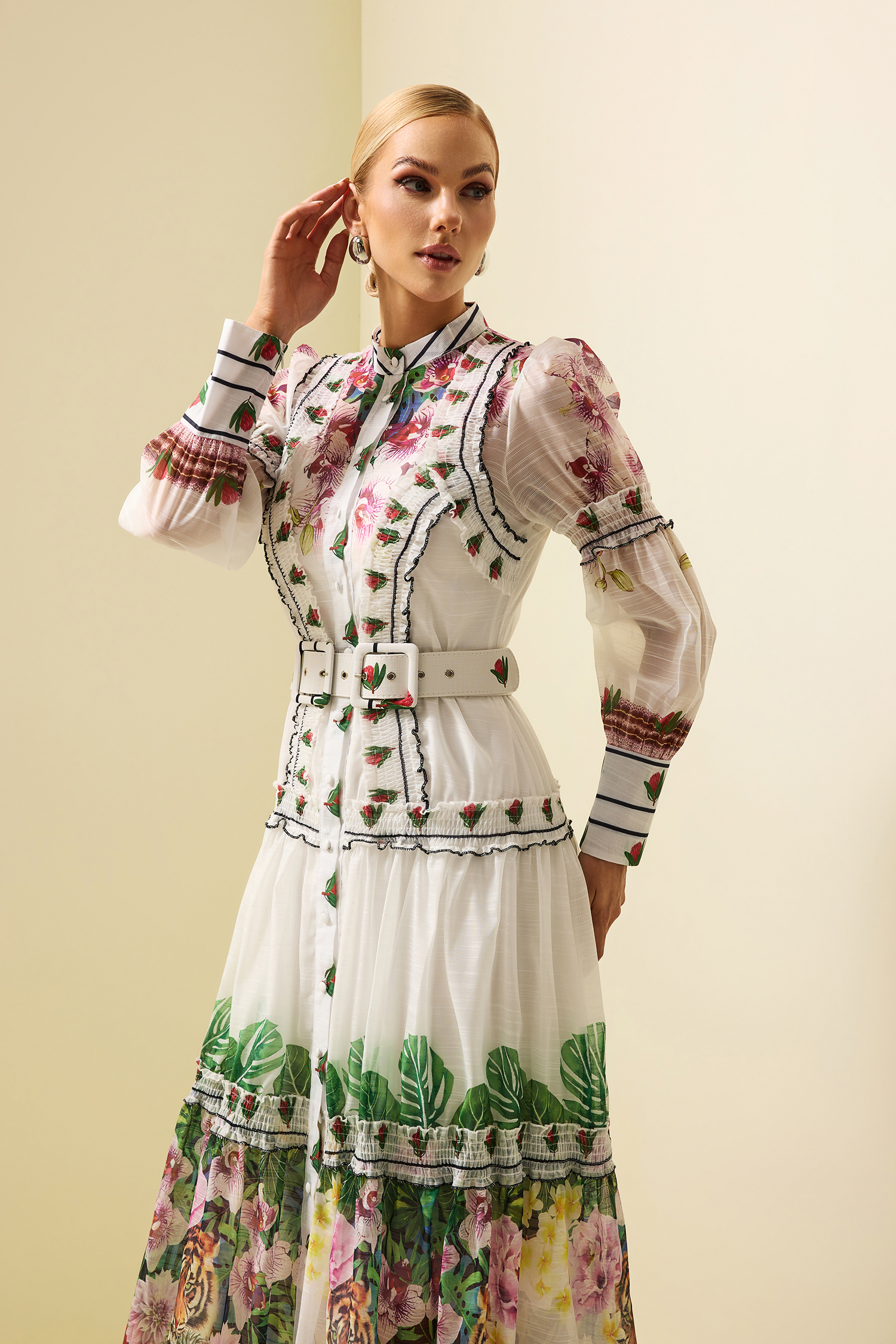 Floral Lantern Sleeve Midi Dress With Belt