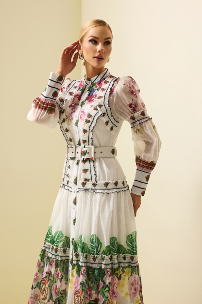 Floral Lantern Sleeve Midi Dress With Belt